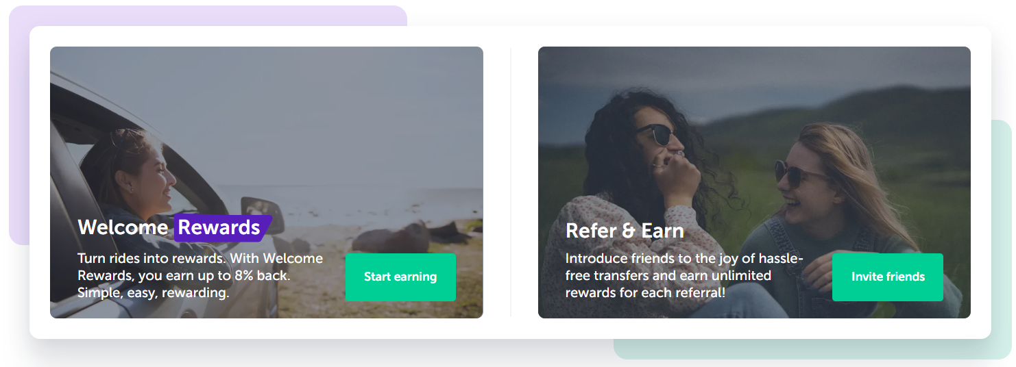 Smiling passenger in a car window Welcome Rewards